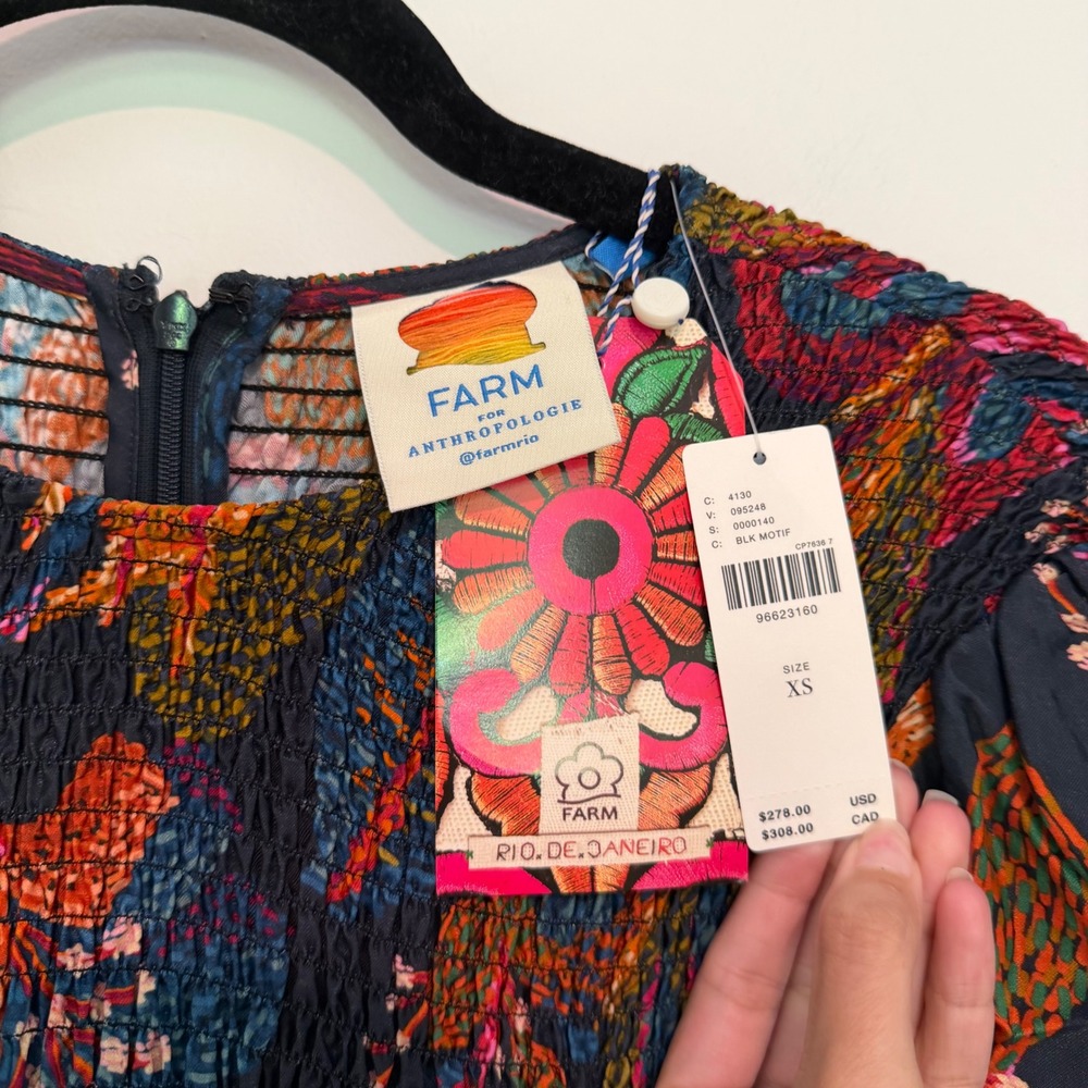 Farm Rio Anthropologie Smocked Maxi Dress Black Motif Tropical Puff Sleeve XS - Picture 4 of 4